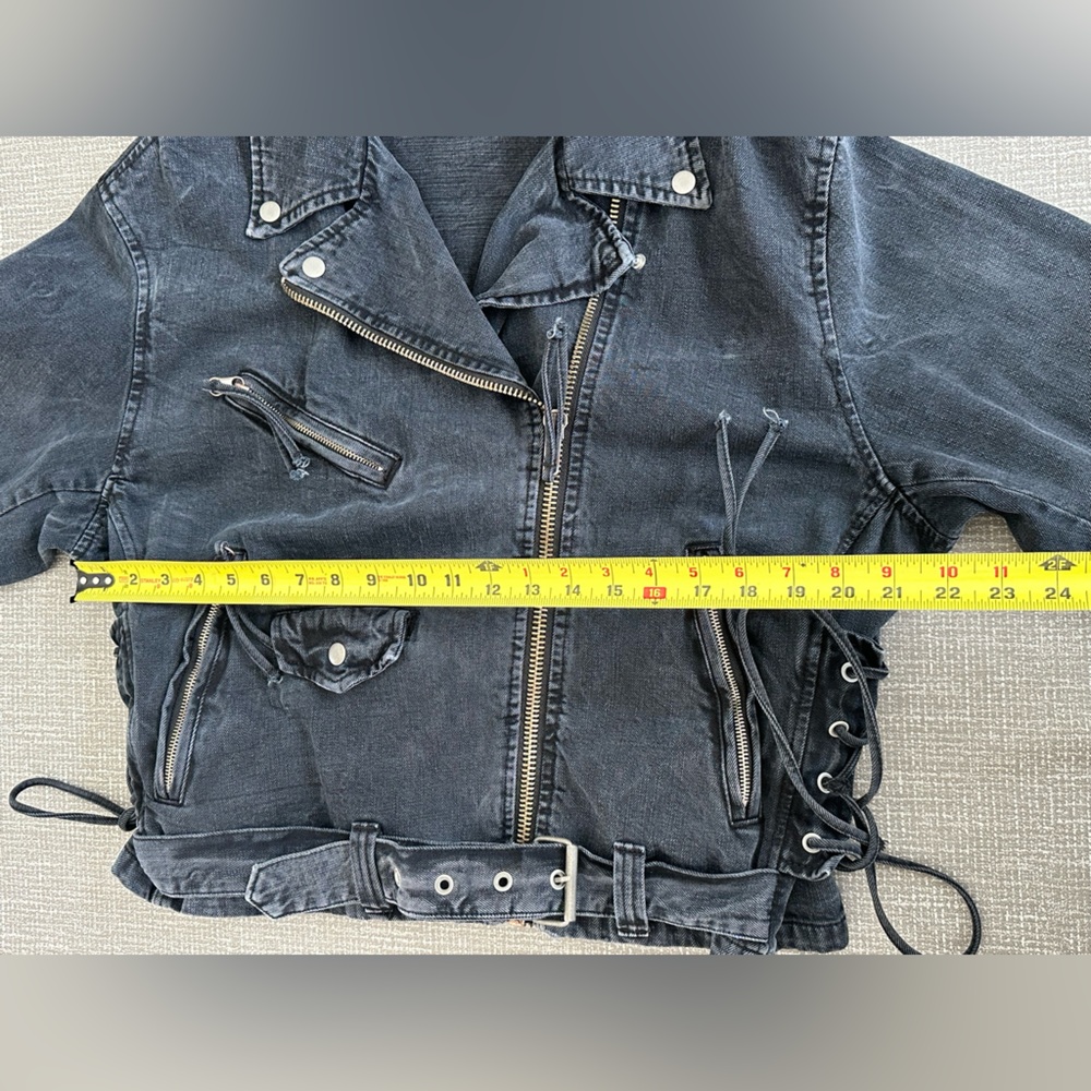 Free People Oversized Moto Jacket Black Denim Belted Lace Up Small Boho Biker - Picture 15 of 15